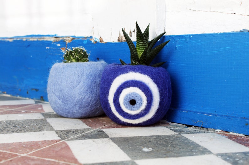 gardening gift for her table centerpiece blue planters planter pots Decorative evil eye cactus planter decor home decor gift for mom