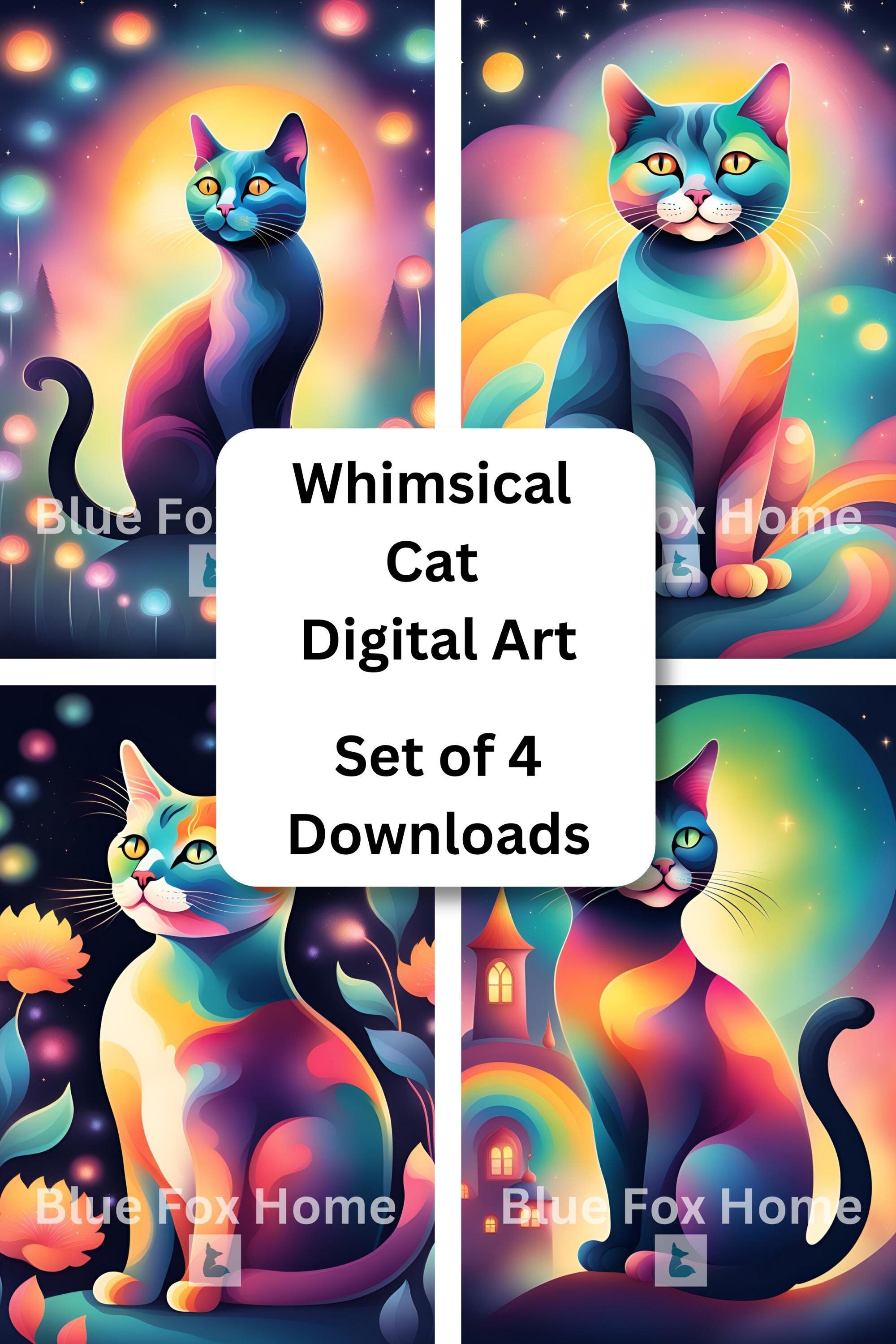 Whimsical Cat Kitty Bright Digital Art Set of 4 Posters Wall Print ...