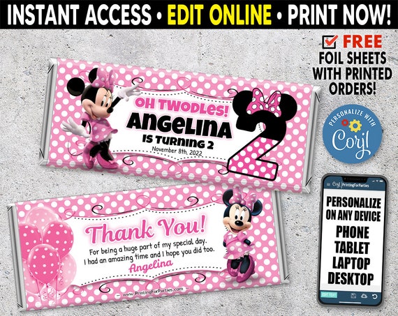 Printable Minnie Mouse Candy Bar Wrappers, Chocolate Candy Bar Wrappers ...
