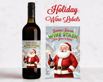 Santa's Secret Wine Stash Label, Holiday Host Gift, Wine Sticker