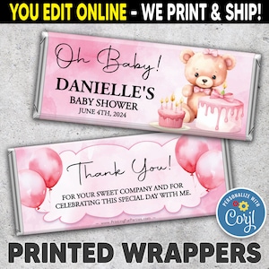 Printed Baby Shower Candy Bar Wrappers, Chocolate Candy Bar Wrappers, Baby Girl, Pink, TeddyBear, You Edit on Corjl and We Print image 1