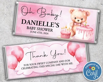 Printed Baby Shower Candy Bar Wrappers, Chocolate Candy Bar Wrappers, Baby Girl, Pink, TeddyBear, You Edit on Corjl and We Print!