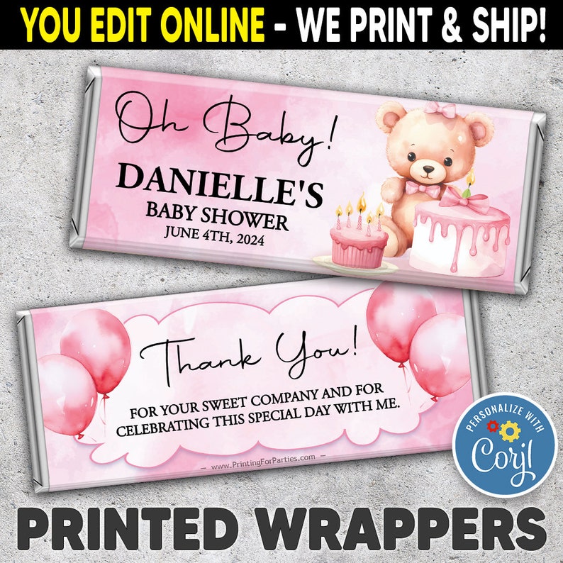 Printed Baby Shower Candy Bar Wrappers, Chocolate Candy Bar Wrappers, Baby Girl, Pink, TeddyBear, You Edit on Corjl and We Print image 1