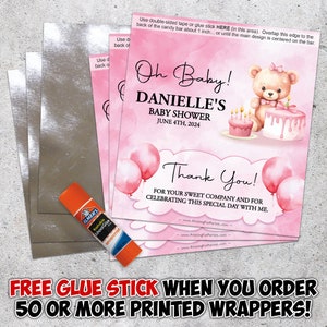 Printed Baby Shower Candy Bar Wrappers, Chocolate Candy Bar Wrappers, Baby Girl, Pink, TeddyBear, You Edit on Corjl and We Print image 6