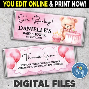 Digital Baby Shower Candy Bar Wrappers, Chocolate Candy Bar Wrappers, Baby Girl, Blue, TeddyBear You Edit on Corjl and Print Now!