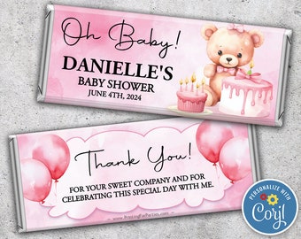 Digital Baby Shower Candy Bar Wrappers, Chocolate Candy Bar Wrappers, Baby Girl, Blue, TeddyBear You Edit on Corjl and Print Now!