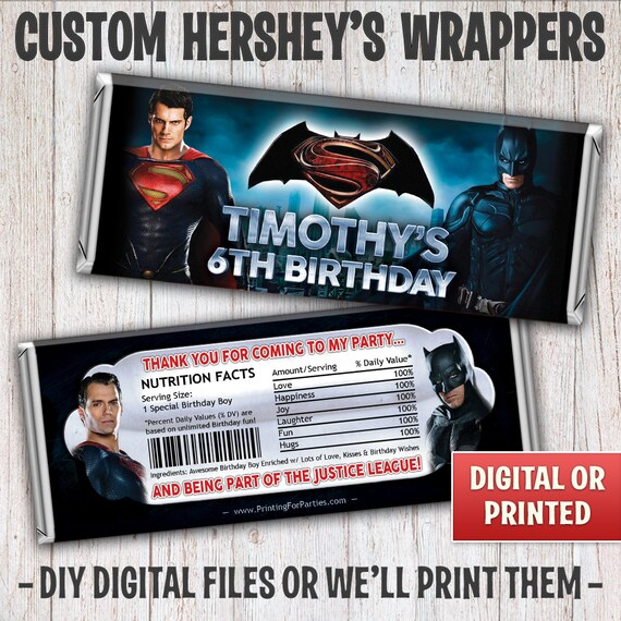 Personalized Batman Superman Candy Bar Wrapper, Superman Batman Hersheys Wrapper, Birthday Party, Free Foil, Digital File or Printed - 046 Il_570xn
