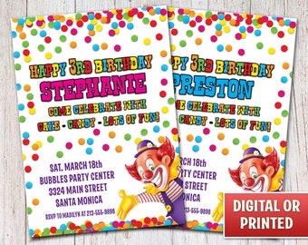 Personalized Clown Birthday Invitation, Birthday Clown Invitation, Boys or Girls Invitation, Digital File or Printed, 4x6 or 5x7 – 004