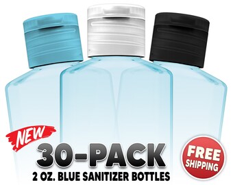 30 Empty Blue Hand Sanitizer Bottles – 2oz (60ml) – Choice of Tops – Perfect For Wedding Favors, Party Favors or Any Occassion – Free Ship