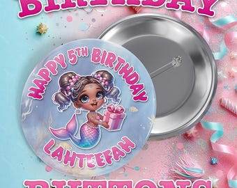 Black Mermaid Birthday Buttons: Custom Party Favors