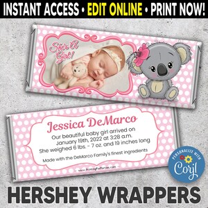 Baby Announcement Candy Bar Wrapper. Koala, Online Editable Printable ...