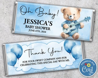 Digital Baby Shower Candy Bar Wrappers, Chocolate Candy Bar Wrappers, Baby Boy, Blue, Teddybear You Edit on Corjl and Print Now!