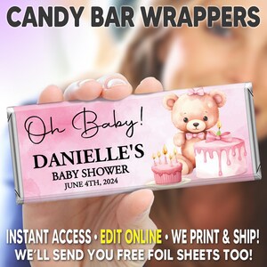Printed Baby Shower Candy Bar Wrappers, Chocolate Candy Bar Wrappers, Baby Girl, Pink, TeddyBear, You Edit on Corjl and We Print image 3