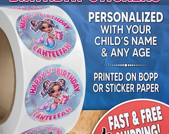 Personalized Black Mermaid Birthday Party Stickers