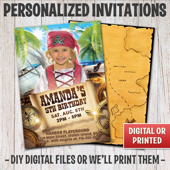 Personalized Pirate Birthday Invitation, Girl Pirate Invitation, Pirate Party, Pirate Birthday, Digital File or Printed, 4x6 or 5x7 – 003 Il_570xn