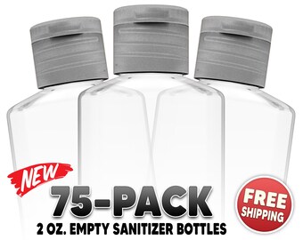 75 Empty Hand Sanitizer Bottles – Clear 2oz (60ml) – Silver Tops – Perfect For Wedding Favors, Party Favors or Any Occassion – Free Ship