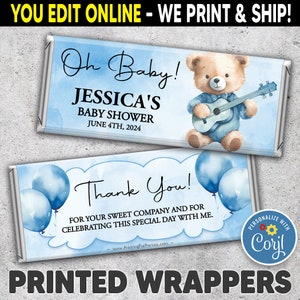 Printed Baby Shower Candy Bar Wrappers, Chocolate Candy Bar Wrappers, Baby Boy, Blue, Teddybear, You Edit on Corjl and We Print!