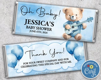 Printed Baby Shower Candy Bar Wrappers, Chocolate Candy Bar Wrappers, Baby Boy, Blue, Teddybear, You Edit on Corjl and We Print!