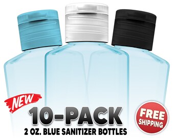 10 Empty Blue Hand Sanitizer Bottles – 2oz (60ml) – Choice of Tops – Perfect For Wedding Favors, Party Favors or Any Occassion – Free Ship