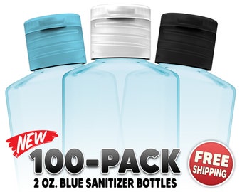 100 Empty Blue Hand Sanitizer Bottles – 2oz (60ml) – Choice of Tops – Perfect For Wedding Favors, Party Favors or Any Occassion – Free Ship