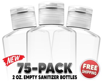 75 Empty Hand Sanitizer Bottles – Clear 2oz (60ml) – Clear Tops – Perfect For Wedding Favors, Party Favors or Any Occassion – Free Ship