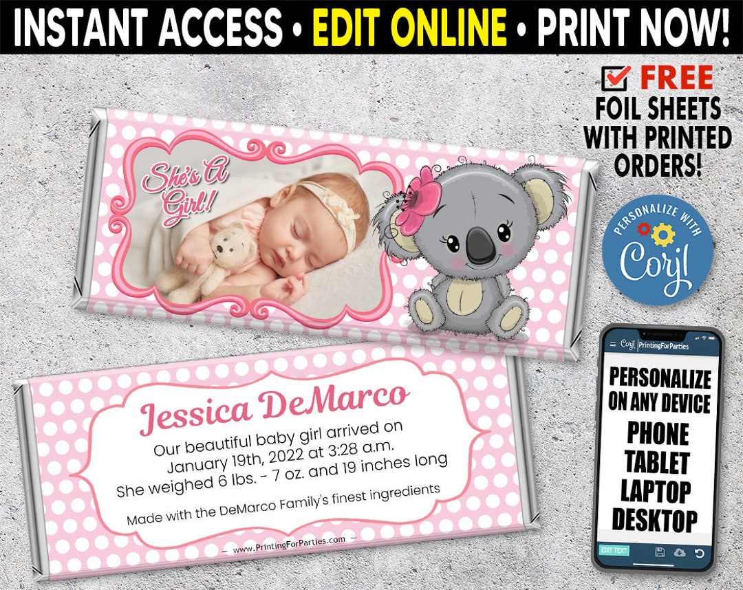 Baby Announcement Candy Bar Wrapper. Koala, Online Editable Printable ...