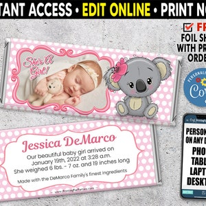 Baby Announcement Candy Bar Wrapper. Koala, Online editable printable template. Personalize in your browser now with Corjl – 00016 Pink