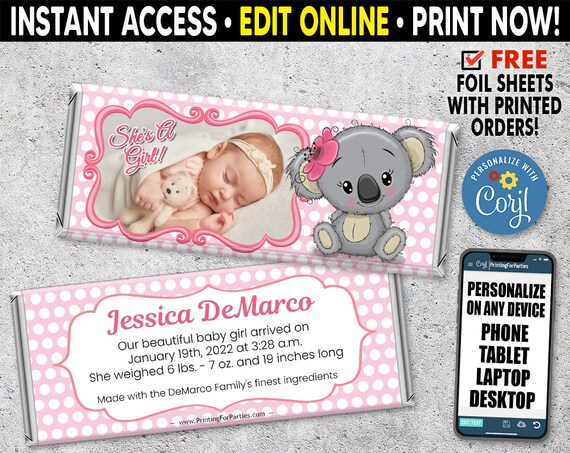 Baby Announcement Candy Bar Wrapper Koala Online Editable Printable Baby Announcement Candy Bar Wrapper Koala Online Editable Printable