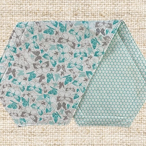 以下が含まれることがあります： 六角形の布製品で、水色、グレー、白の蝶の模様が特徴です。裏面は水色のハニカム模様です。装飾用または機能的なテキスタイルである可能性があります。