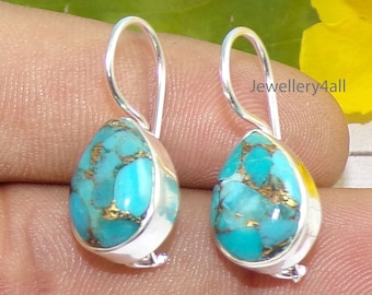 Blue Copper Turquoise Earrings, Turquoise Earring, Pear Turquoise 925 Silver Earring, Joint Akre Earring, Women Earring, For Her, N41321