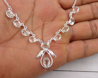 Oval Crystal Quartz Necklace, Clear Quartz Necklace, Solid 925 Silver Necklace, Bezel Necklaces, Crystal Quartz Jewelry, For Her,N012729