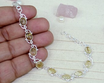 Rutilated Quartz Bracelet Classic Simple Bezel Set Bracelet Gift K31611 Dinty Bracelet Golden Rutile Bracelet Solid 925 Silver Bracelet