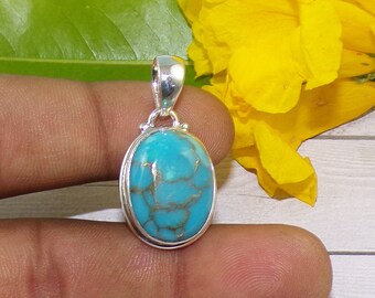 Blue Copper Turquoise Pendant, Turquoise Pendant, Handmade Pendant Necklace, 925 Silver Sterling Pendant, Women Pendant, Perfect Gift P42505