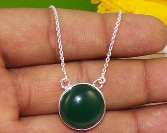 925 Sterling Silver Handmade Necklace, Natural Green Onyx Necklace Pendant, Round Gemstone Necklace, Silver Jewelry For Wedding Gift, P42308