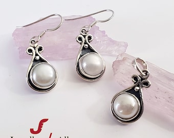 Beautiful Pearl Earring Pendant Set, Handmade Earring Pendant Set, 925 Sterling Silver Jewelry Set, Mother's Day Gift, Unique Gift For Her