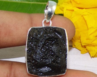 925 Sterling Silver Black Gemstone Pendant, Natural Tektite Pendant, Rough Stone Designer Pendant Necklace, Handmade Jewelry For Gift,P42222