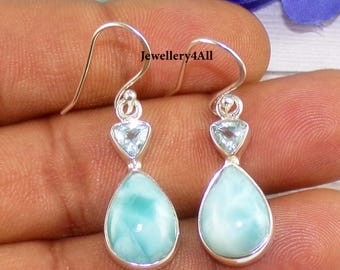 Larimar Drop Earrings with Blue Topaz: Handmade Sterling Silver