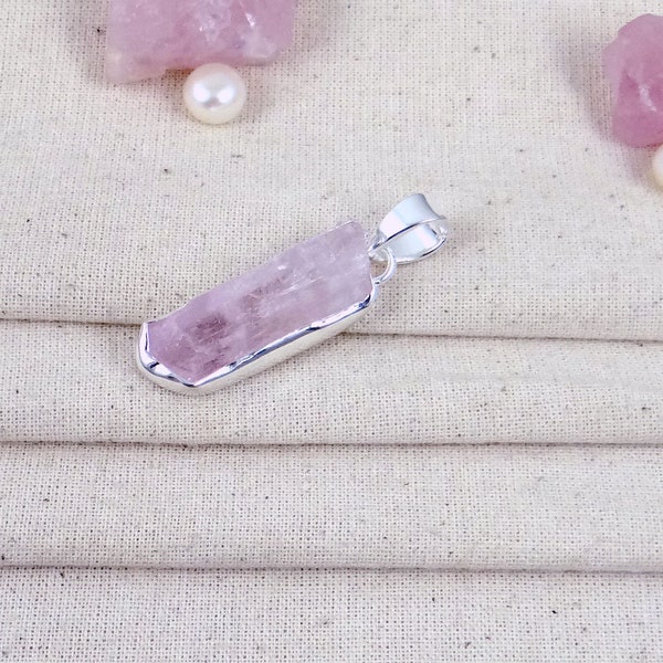 Raw Kunzite Pendant, Solid Silver Pendant, Handmade Pendant, Pink Kunzite Jewelry, Healing Crystal Kunzite, Kunzite Jewelry, For Her, J1208