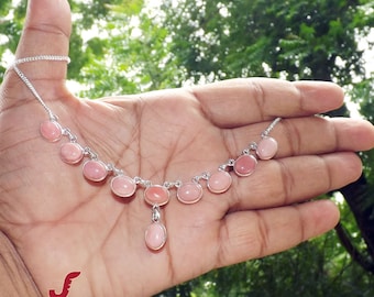 Handmade Pink Opal 925 Sterling Silver Necklace, 18 inch Curb Chain