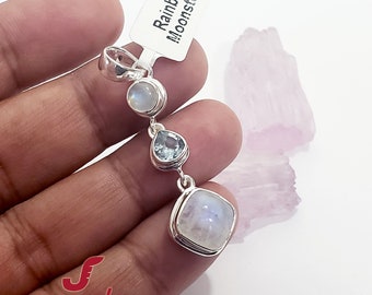 Handmade Rainbow Moonstone & Blue Topaz 925 Sterling Silver Pendant