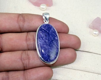 Sterling Silver Charoite Pendant, Statement Gemstone Necklace