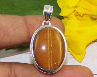 Oval Shaped Gemstone Pendant, Genuine Tiger's Eye Pendant Necklace, 925 Sterling Silver Handmade Jewelry, Anniversary Gift For Wife, P42205