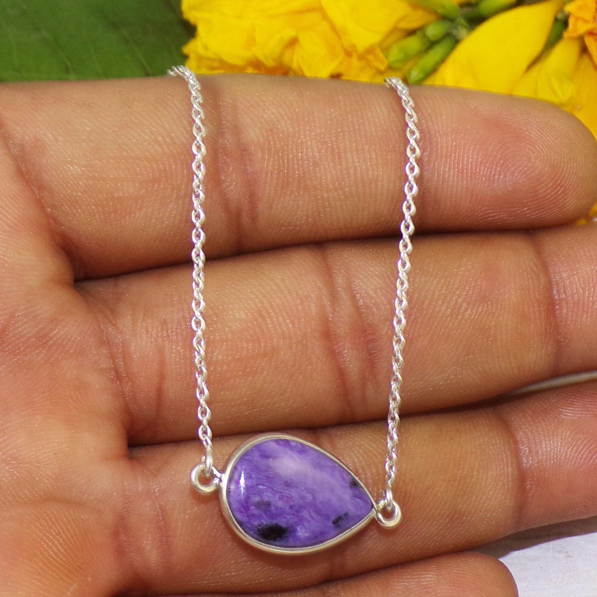 天然チャロアイトネックレス、925スターリングシルバーハンドメイド