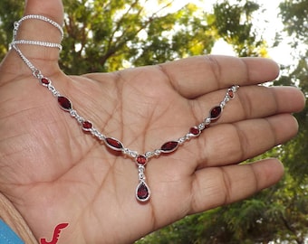 Garnet Necklace, 925 Silver Necklace, Tiny Garnet Necklace, Red Necklace, Garnet Jewellery, Bezel Necklace, Curb Chain Necklace, J90106