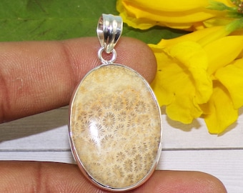 Pendentif fossile de pierre gemme de corail, argent sterling 925, bijoux faits main
