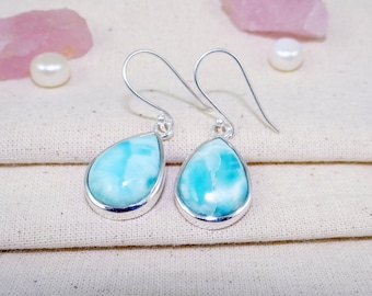 Solid 925 Sterling Silver Earring, Larimar Earring, Dangle Earring, Teardrop earring, Larimar, Ear Wire, AAA+ Quality Larimar, Sale, J1104