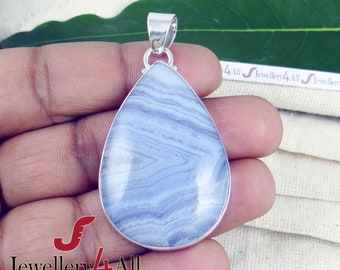 Teardrop Blue Lace Agate Pendant: Solid Sterling Silver Necklace