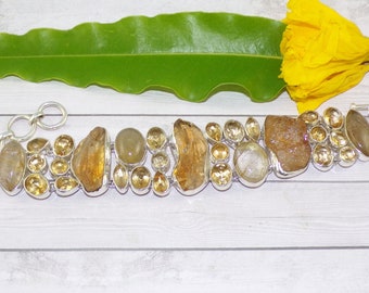 Raw Citrine Bracelet, Natural Golden Rutile Bracelet, Gemstone Charms Bracelet, Handmade Bracelet, 925 Silver Bracelet, Wedding Gift, P42311