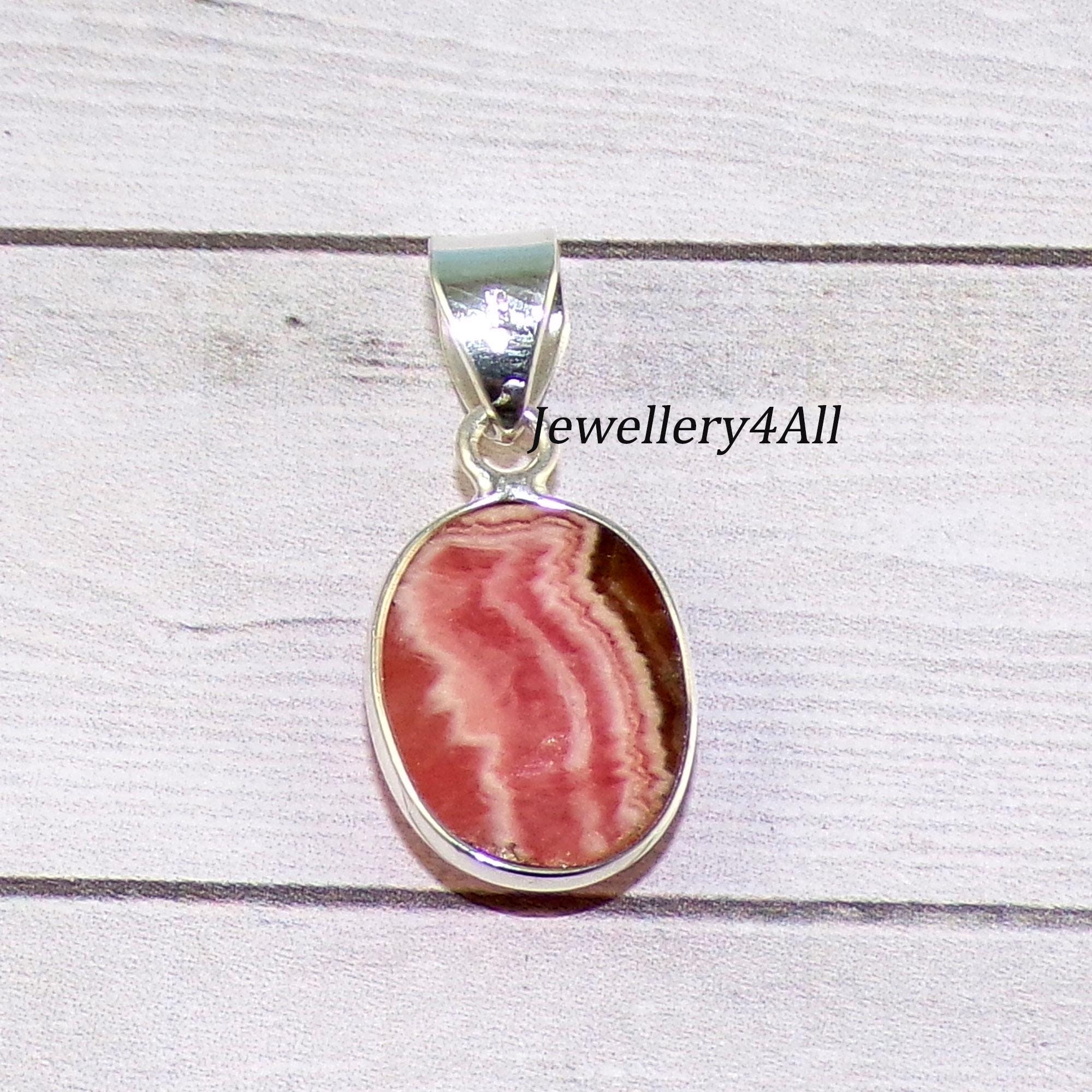 Pendentif En Argent 925 Et Rhodochrosite Rose Naturelle - Fait Main - Longueur 2,75 Pouces - Neuf Sans Emballage