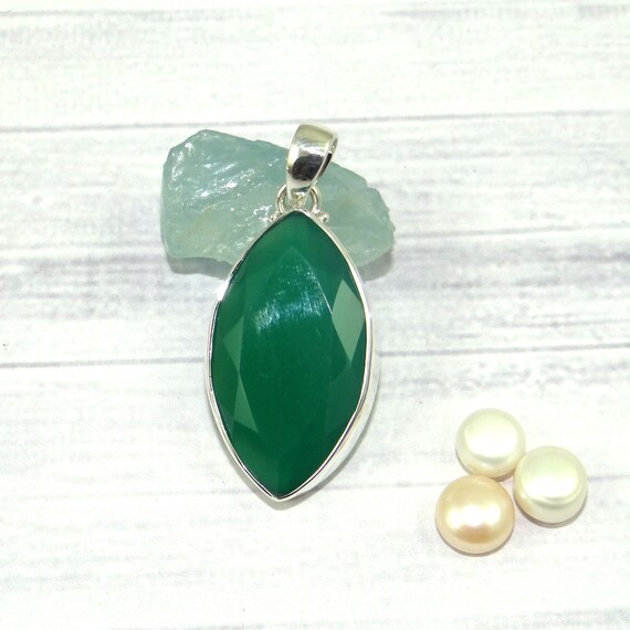 Ciondolo Fatto A Mano In Onice Verde – Pietra Naturale, Argento Placcato – 1,65 Pollici (D080) - Foto 3